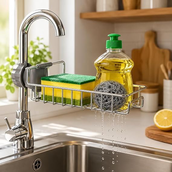360° Adjustable Faucet Sink Organizer – Stainless Steel Kitchen Sponge & Soap Holder